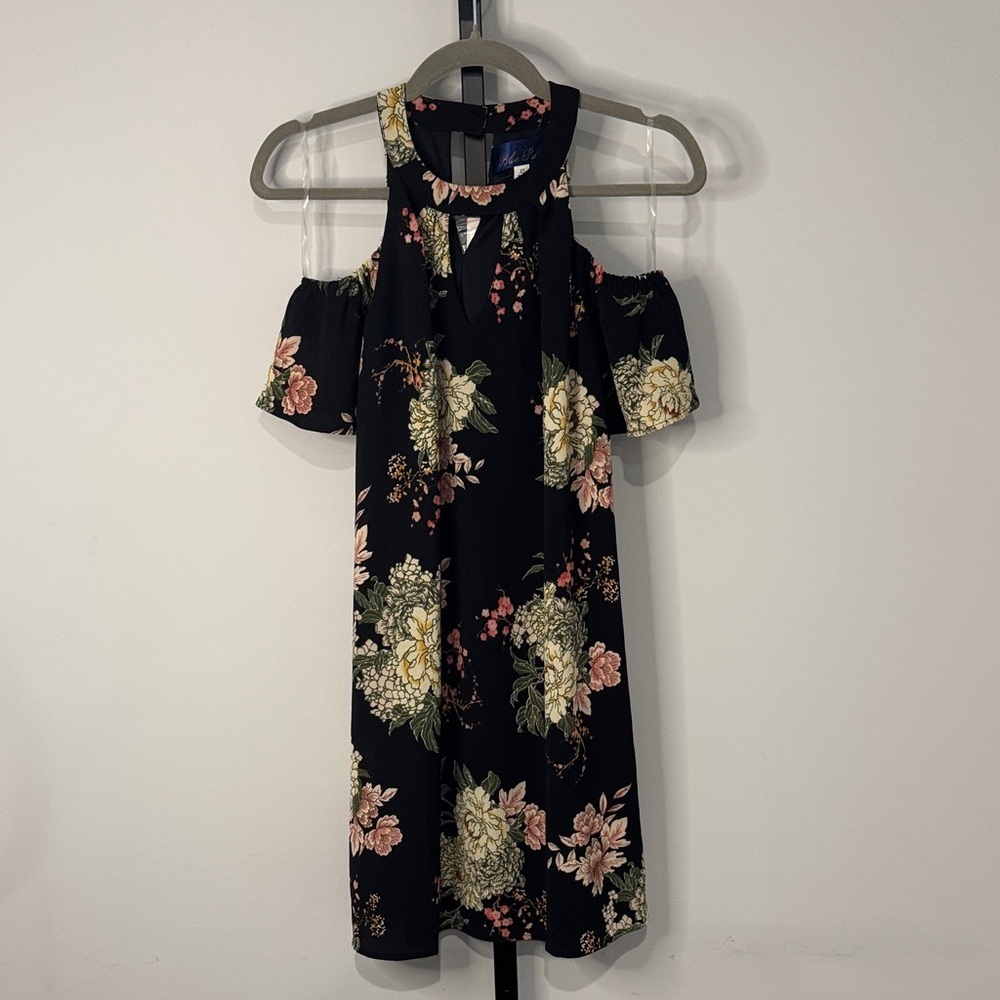 Francesca’s Boutique Blue Rain Black Floral Dress XS New NWT